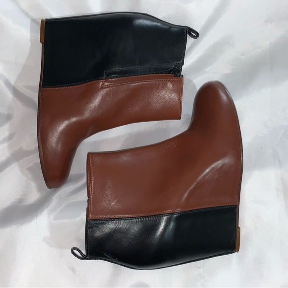 CELINE size 37.5 black/brown color block 2tone CALFSKIN platform wedge BOOTIES - Picture 12 of 16